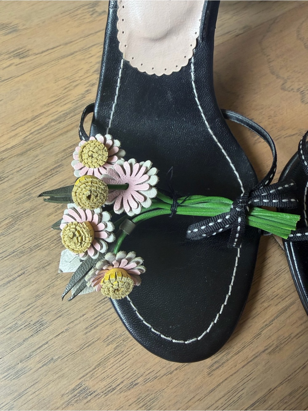 Colin Stuart Black Leather Floral Strap Heels with Pink & Yellow Accents - Picture 3 of 10